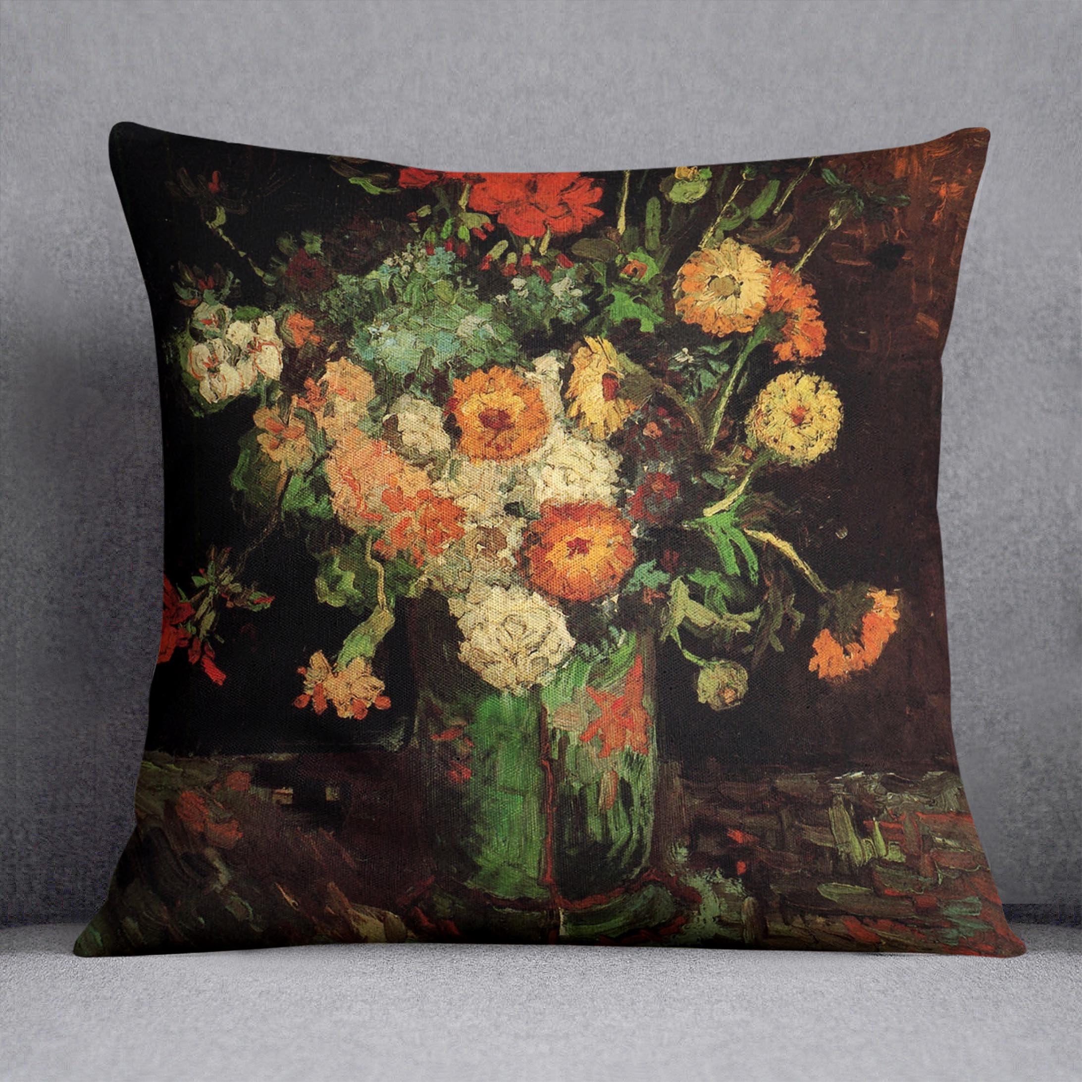 A vibrant cushion featuring Van Gogh's Vase with Zinnias and Geraniums design, made from luxurious vegan faux suede.