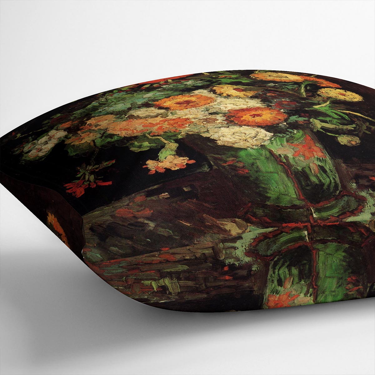 A vibrant cushion featuring Van Gogh's Vase with Zinnias and Geraniums design, made from luxurious vegan faux suede.