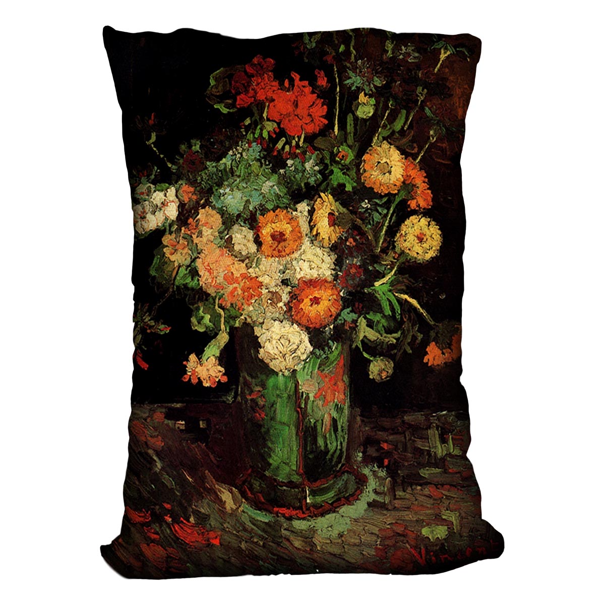 A vibrant cushion featuring Van Gogh's Vase with Zinnias and Geraniums design, made from luxurious vegan faux suede.