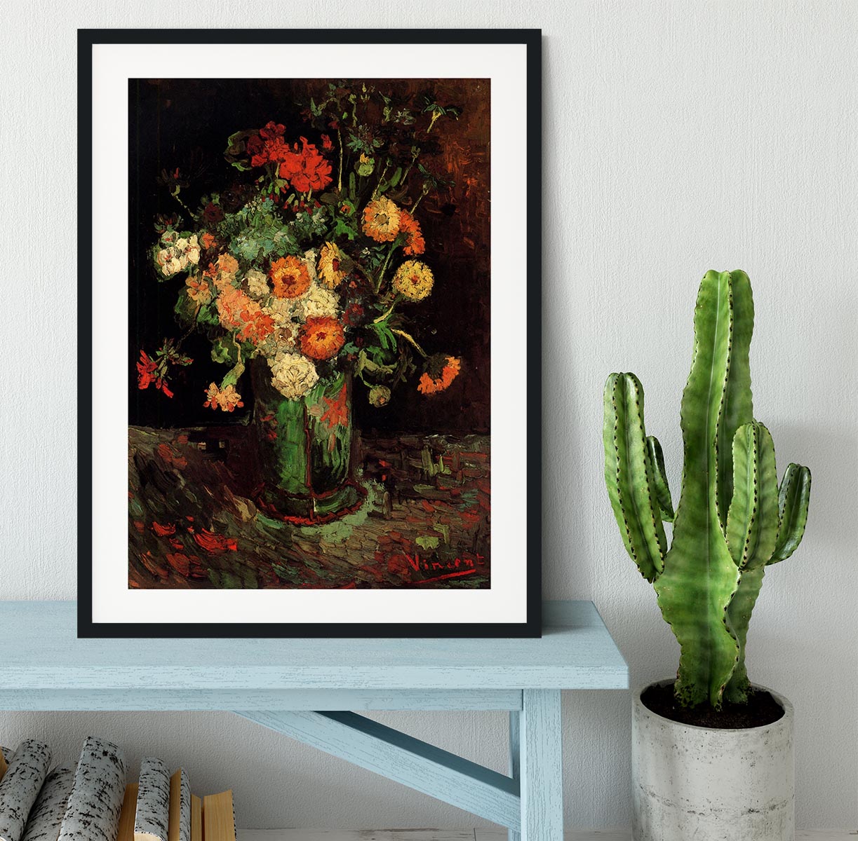 Framed print of Van Gogh's Vase with Zinnias and Geraniums, showcasing vibrant colors and intricate details.