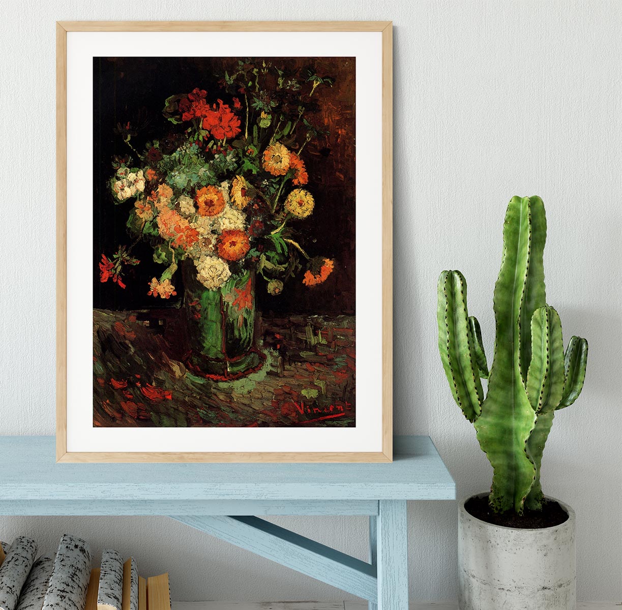 Framed print of Van Gogh's Vase with Zinnias and Geraniums, showcasing vibrant colors and intricate details.