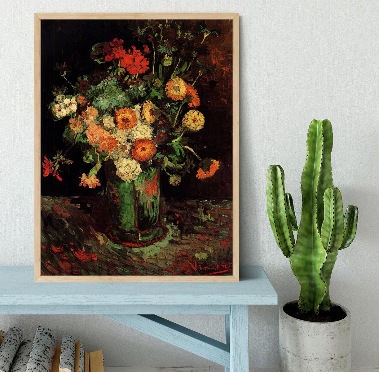 Framed print of Van Gogh's Vase with Zinnias and Geraniums, showcasing vibrant colors and intricate details.
