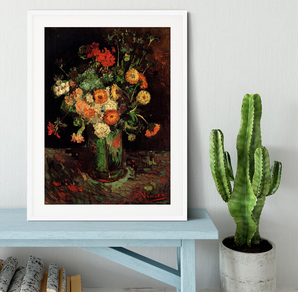 Framed print of Van Gogh's Vase with Zinnias and Geraniums, showcasing vibrant colors and intricate details.