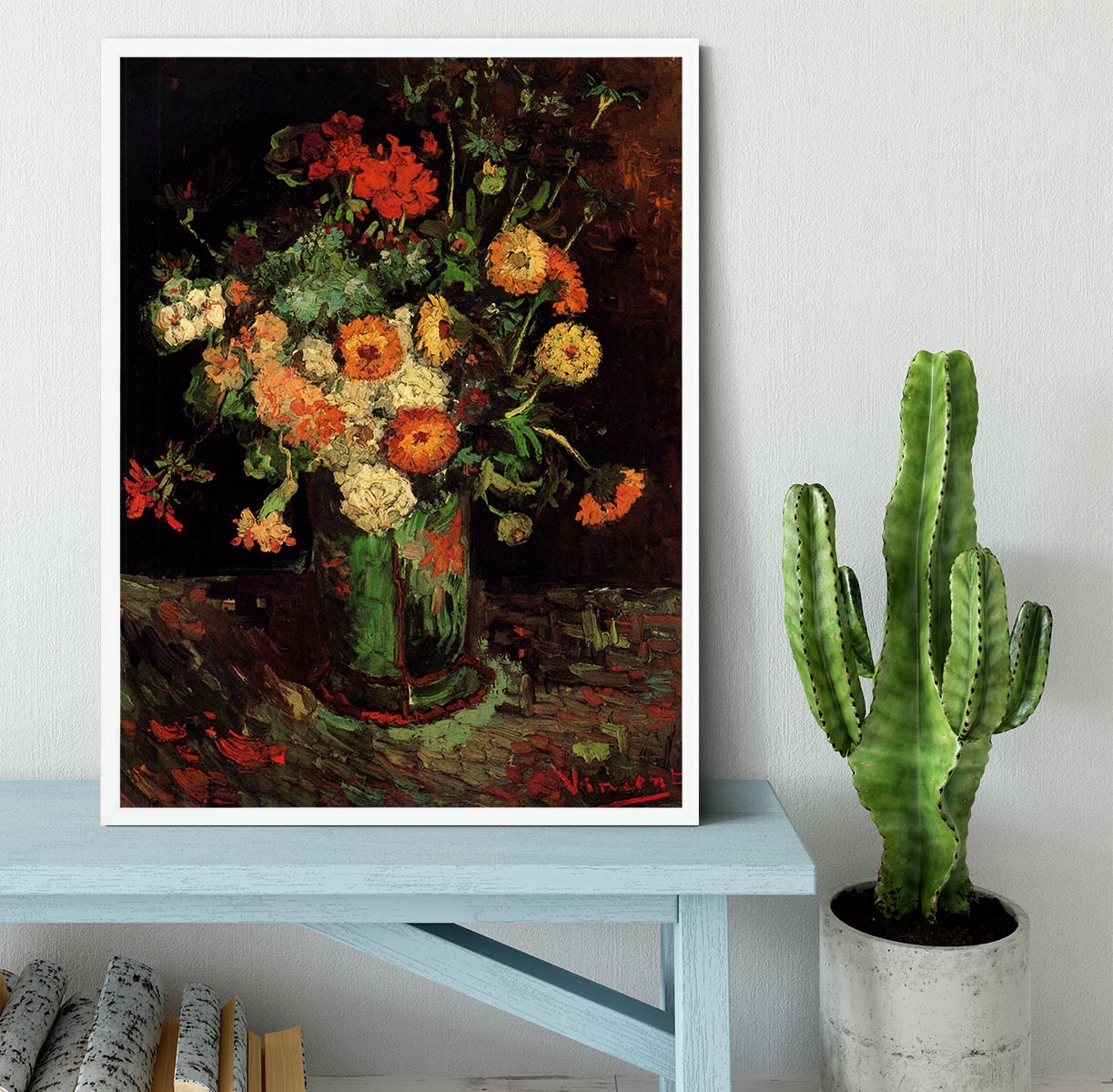 Framed print of Van Gogh's Vase with Zinnias and Geraniums, showcasing vibrant colors and intricate details.
