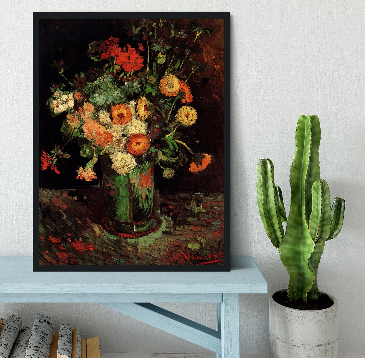 Framed print of Van Gogh's Vase with Zinnias and Geraniums, showcasing vibrant colors and intricate details.