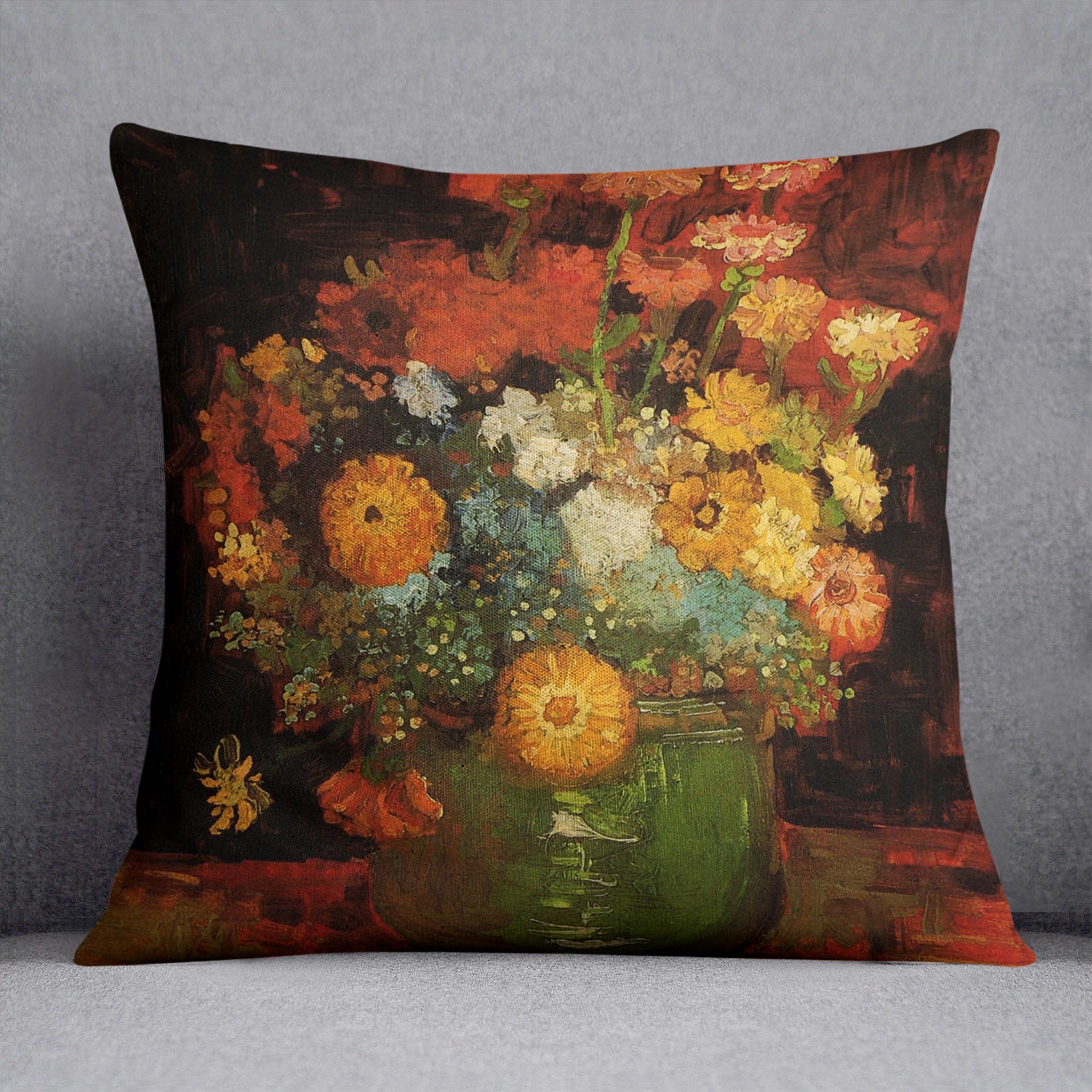 Vase with Zinnias by Van Gogh cushion featuring vibrant floral design on luxurious vegan faux suede.