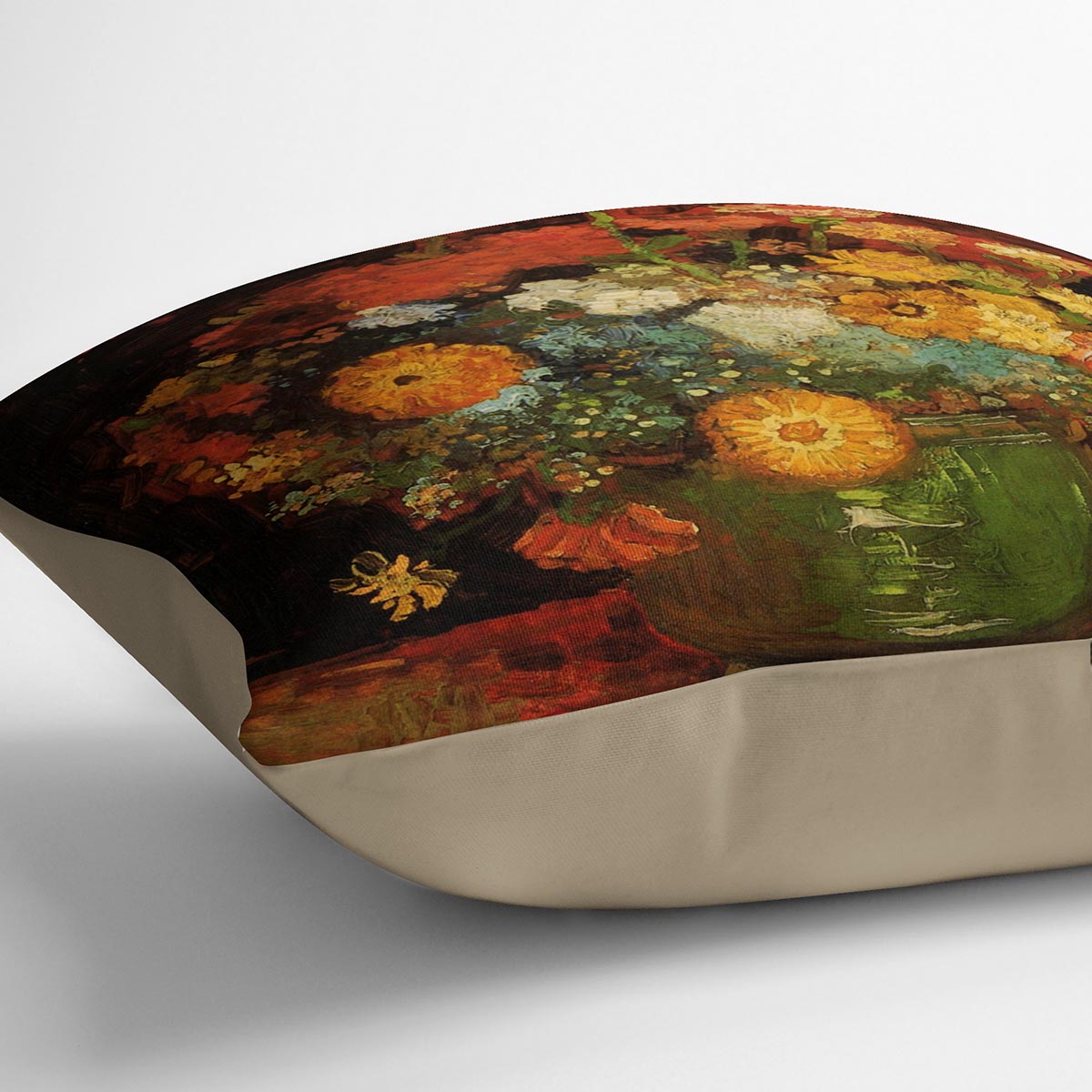 Vase with Zinnias by Van Gogh cushion featuring vibrant floral design on luxurious vegan faux suede.