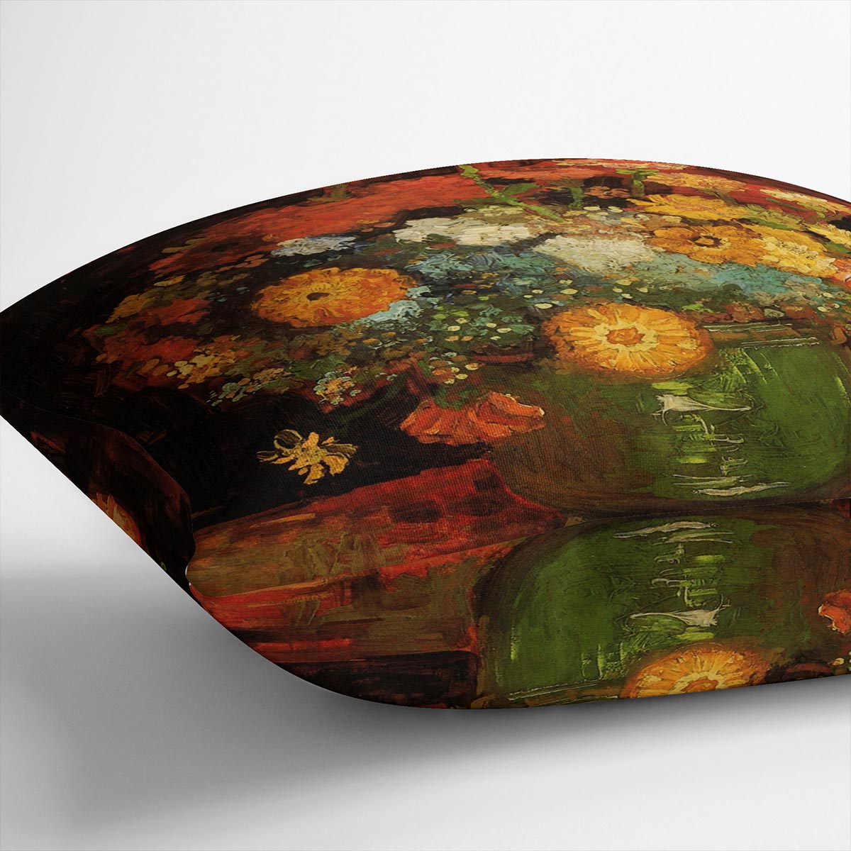 Vase with Zinnias by Van Gogh cushion featuring vibrant floral design on luxurious vegan faux suede.
