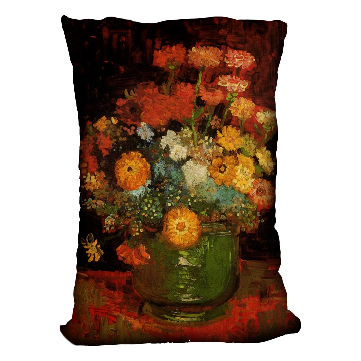 Vase with Zinnias by Van Gogh cushion featuring vibrant floral design on luxurious vegan faux suede.