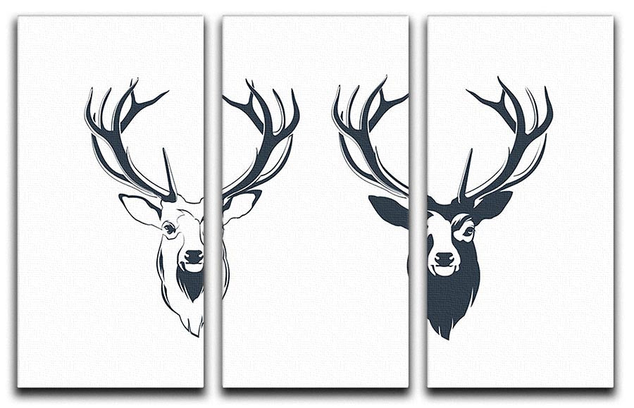 A stunning vector illustration of a male red deer head displayed on a three-panel canvas print, showcasing intricate details and vibrant colors.