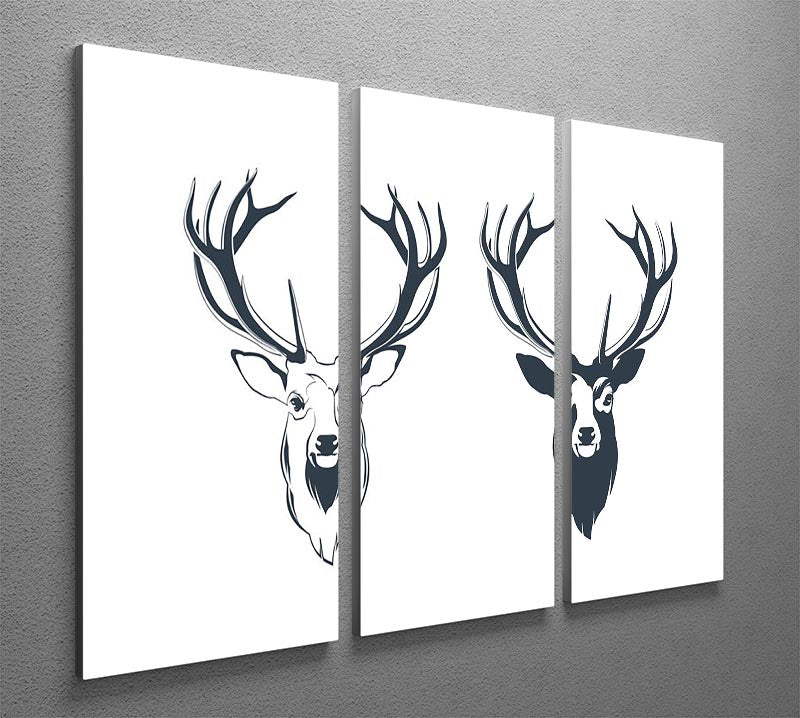 A stunning vector illustration of a male red deer head displayed on a three-panel canvas print, showcasing intricate details and vibrant colors.