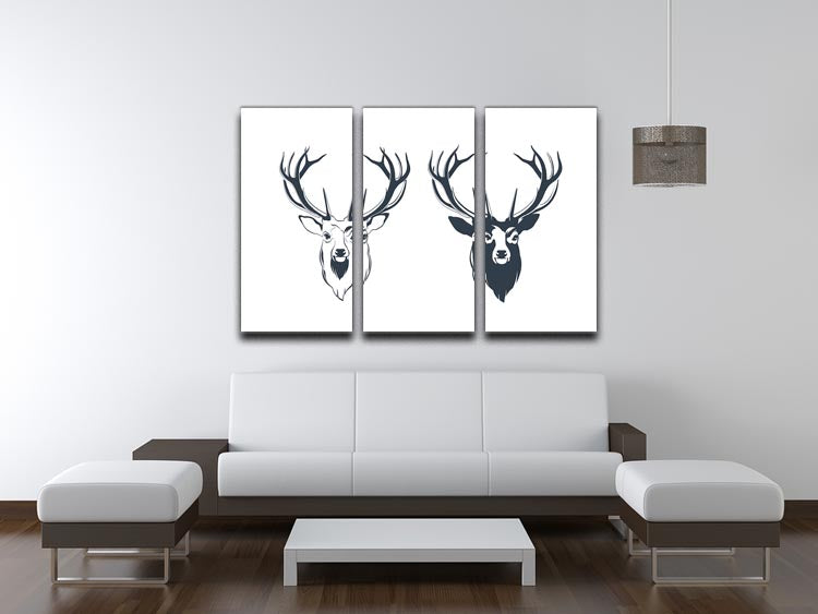 A stunning vector illustration of a male red deer head displayed on a three-panel canvas print, showcasing intricate details and vibrant colors.