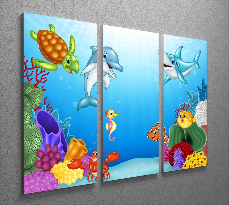A vibrant 3-panel canvas featuring cartoon tropical fish in bright colors, perfect for home decor.