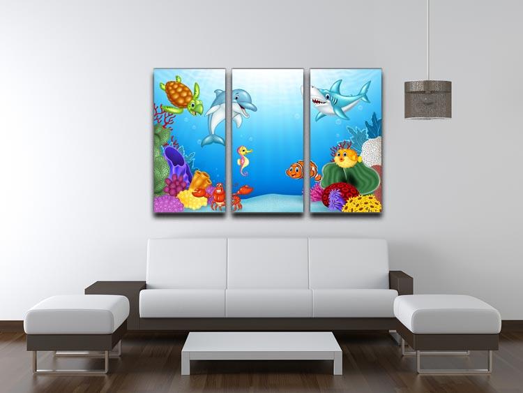 A vibrant 3-panel canvas featuring cartoon tropical fish in bright colors, perfect for home decor.