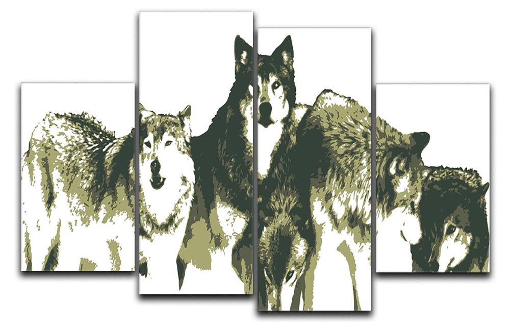 A captivating 4-split canvas artwork featuring realistic wolves in a natural setting, showcasing intricate details and vibrant colors.
