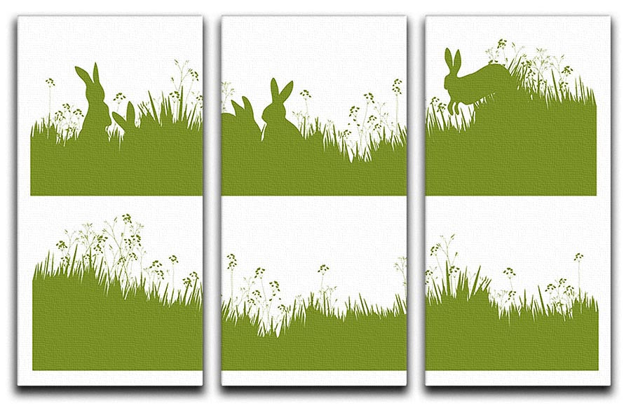 Three-panel canvas art featuring vector silhouette rabbits in a grassy background, showcasing modern design and elegance.
