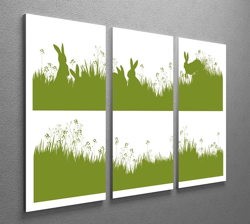 Three-panel canvas art featuring vector silhouette rabbits in a grassy background, showcasing modern design and elegance.
