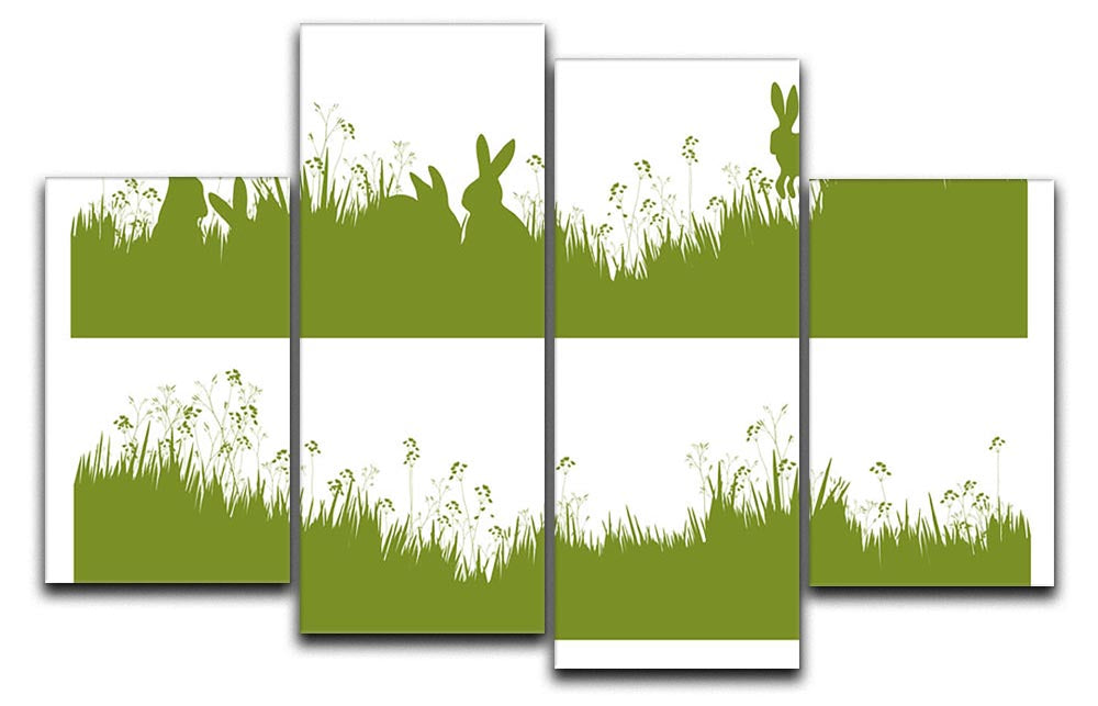 A 4-split canvas artwork featuring elegant vector silhouette rabbits in a grassy background, showcasing a serene and dynamic design.