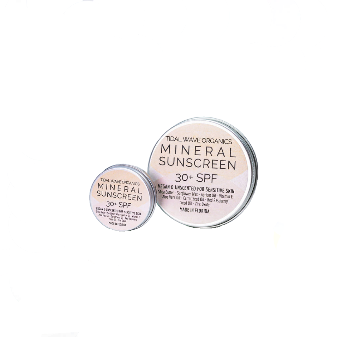 Vegan Pure Zinc Mineral Sunscreen in a metal container, showcasing its creamy texture and natural ingredients.