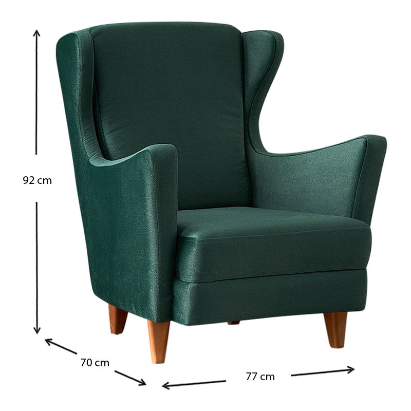 Velvet Armchair LORD in Dark Green, showcasing plush upholstery and elegant design with natural beech wood legs.