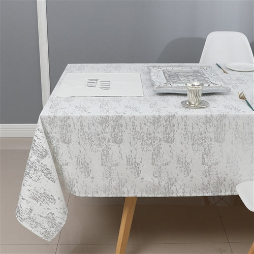 Luxurious white velvet tablecloth with silver mosaic print, designed for extra-wide tables, perfect for elegant dining settings.