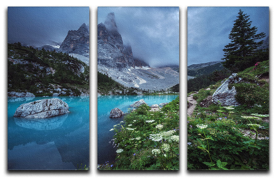 A beautiful 3-panel canvas print featuring the serene Lago Di Sorapis panorama, showcasing vibrant colors and stunning details.