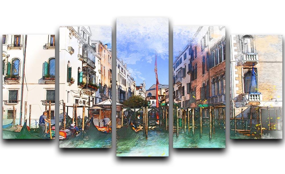 A beautiful 5-split panel canvas artwork depicting the scenic canals and architecture of Venice, showcasing vibrant colors and intricate details.