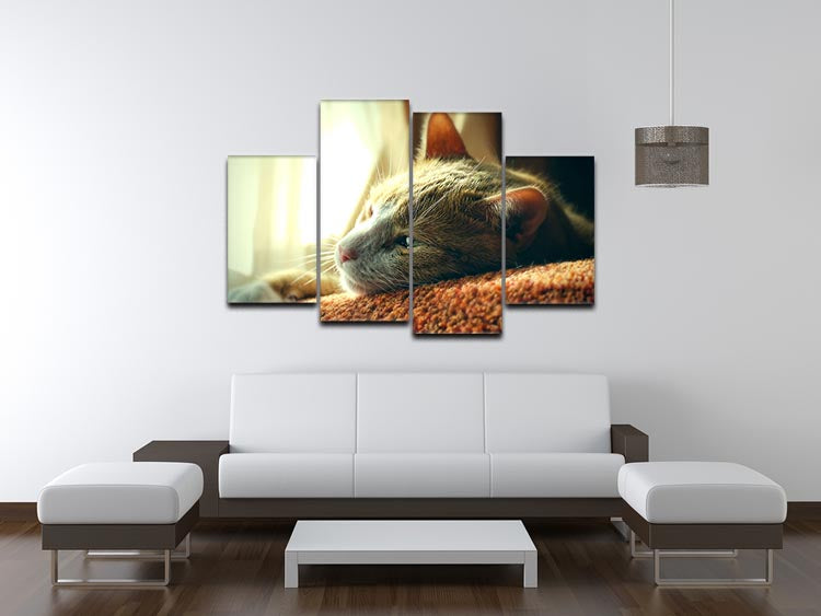 A 4-split canvas artwork featuring a very sad red cat, divided into four panels, creating a cohesive and emotional display.