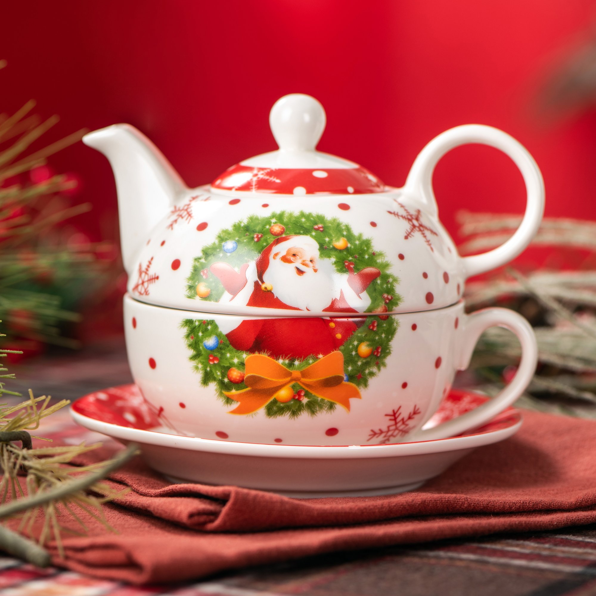 VEWEET SANTACLAUS Christmas Pattern Porcelain Coffee Tea Set featuring a teapot, cup, and saucer with festive Santa Claus design.