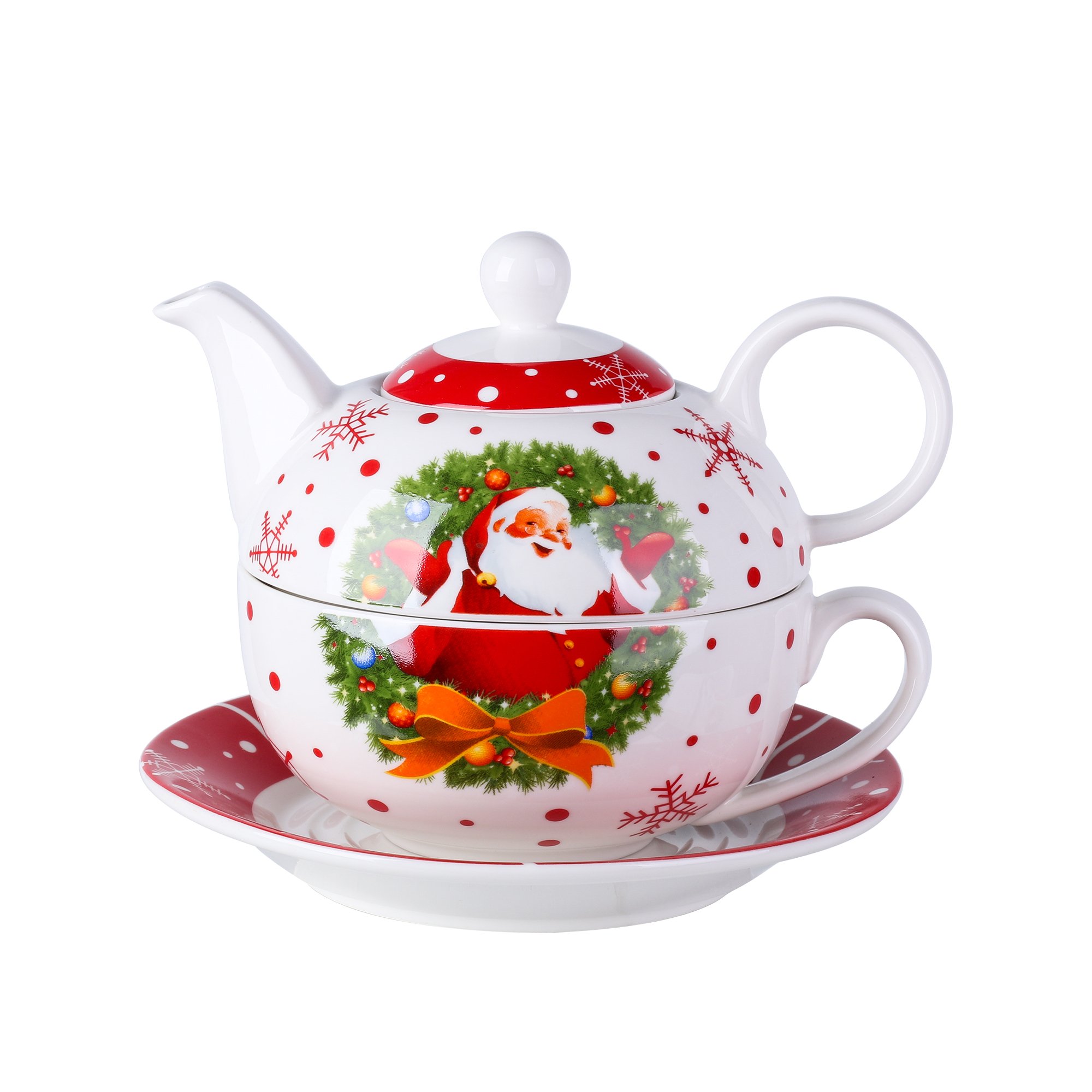 VEWEET SANTACLAUS Christmas Pattern Porcelain Coffee Tea Set featuring a teapot, cup, and saucer with festive Santa Claus design.