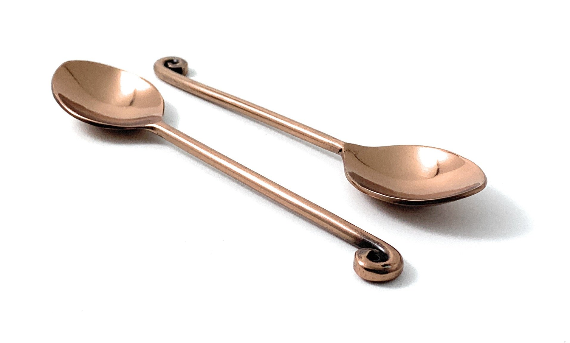 Set of 6 Vibhsa stainless steel teaspoons with copper coating, featuring a dark rose gold polish, ideal for dining and kitchen decor.