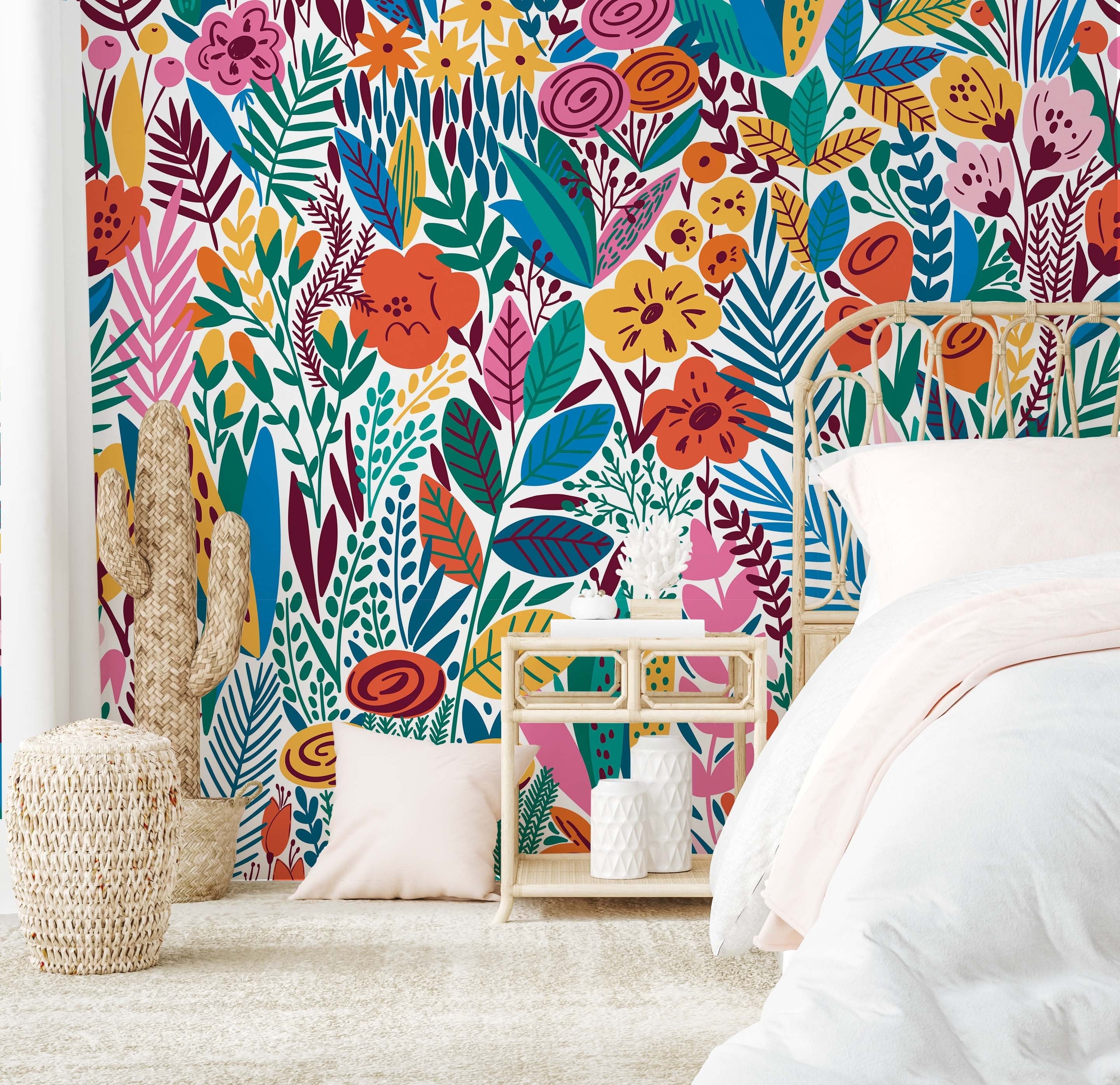 A colorful and vibrant garden wallpaper design featuring floral patterns and bright hues, perfect for home decor.