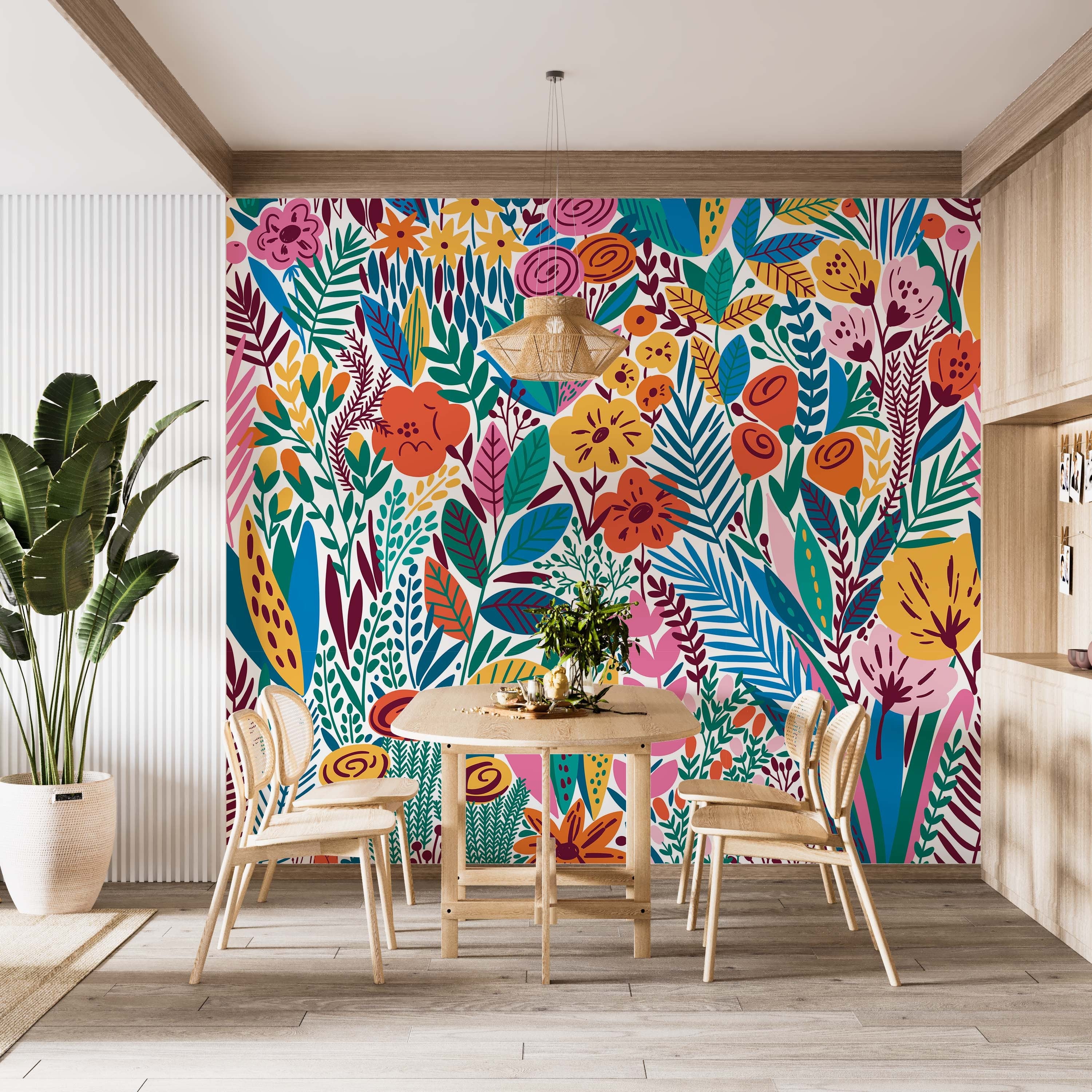 A colorful and vibrant garden wallpaper design featuring floral patterns and bright hues, perfect for home decor.