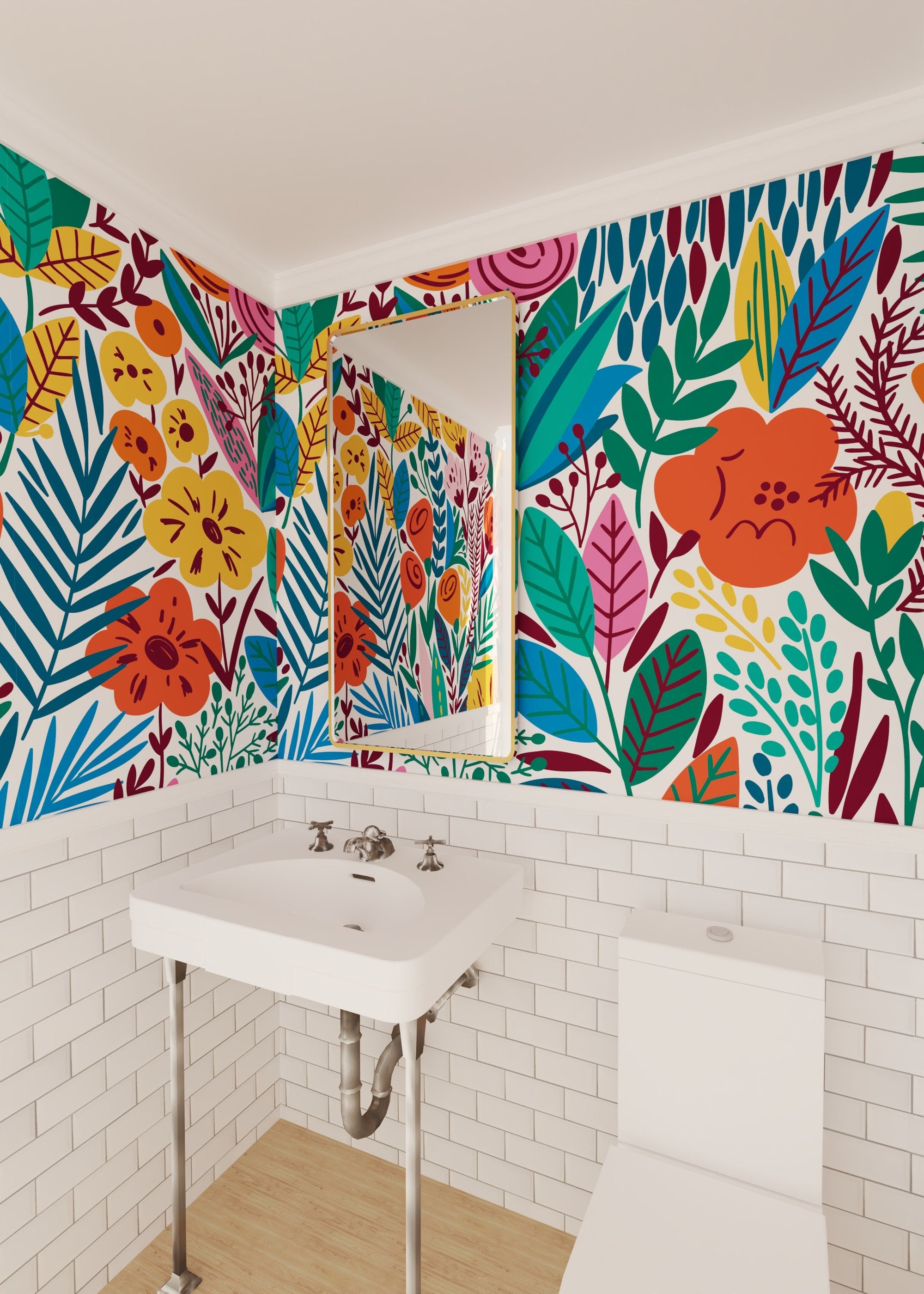 A colorful and vibrant garden wallpaper design featuring floral patterns and bright hues, perfect for home decor.