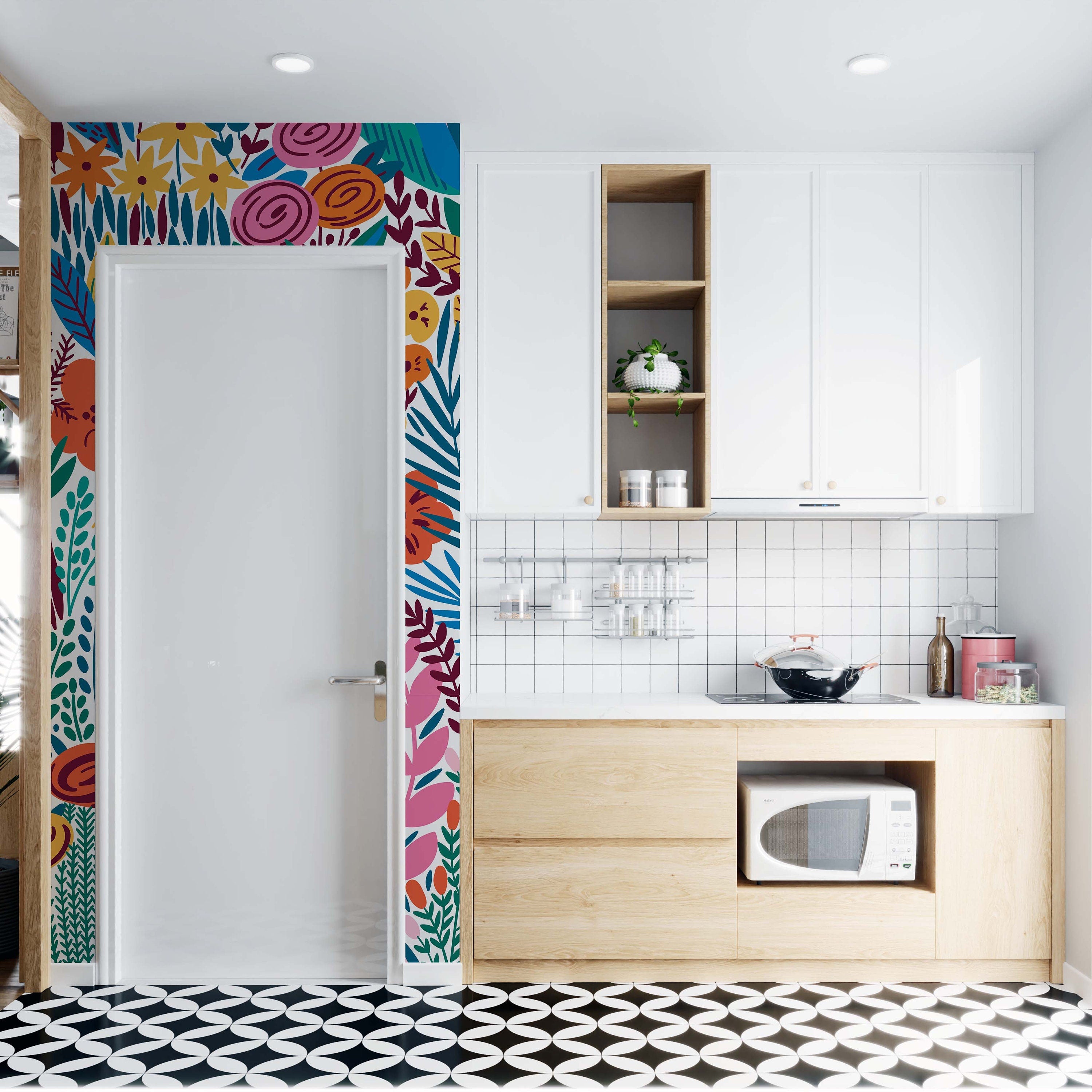 A colorful and vibrant garden wallpaper design featuring floral patterns and bright hues, perfect for home decor.