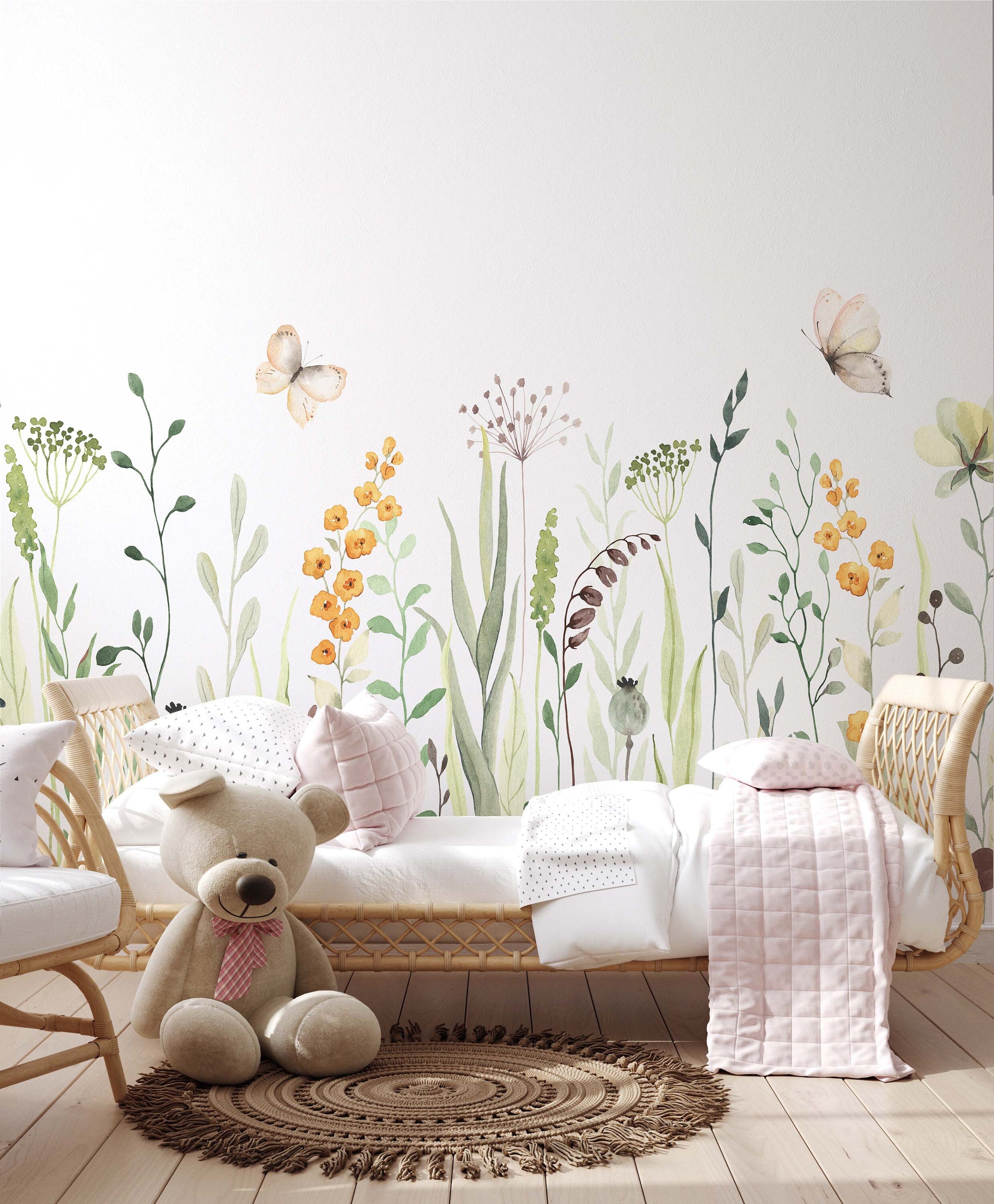 A vibrant wall mural featuring colorful spring flowers, perfect for brightening up any room.