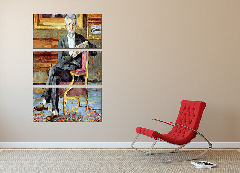 A stunning 3-panel canvas print of Victor Chocquet seated portrait by Cezanne, showcasing vibrant colors and intricate details.