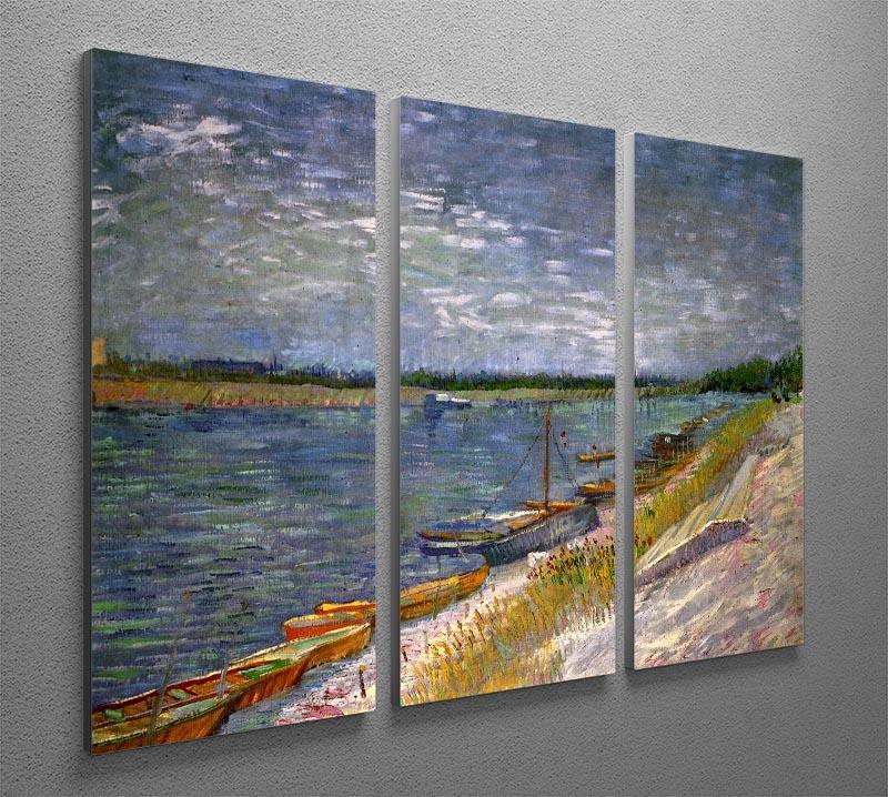 Three-panel canvas art featuring Van Gogh's 'View of a River with Rowing Boats', showcasing vibrant colors and intricate details.