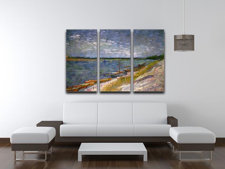 Three-panel canvas art featuring Van Gogh's 'View of a River with Rowing Boats', showcasing vibrant colors and intricate details.