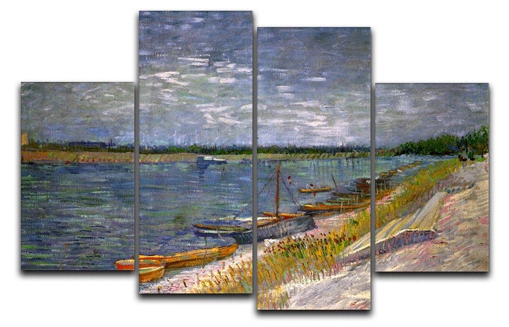 A 4-split canvas artwork featuring Van Gogh's 'View of a River with Rowing Boats', showcasing vibrant colors and dynamic design.