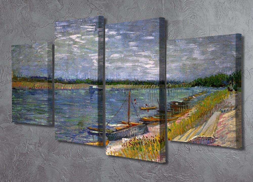 A 4-split canvas artwork featuring Van Gogh's 'View of a River with Rowing Boats', showcasing vibrant colors and dynamic design.