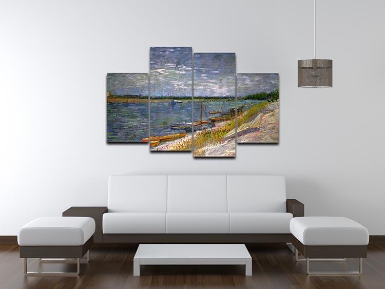 A 4-split canvas artwork featuring Van Gogh's 'View of a River with Rowing Boats', showcasing vibrant colors and dynamic design.
