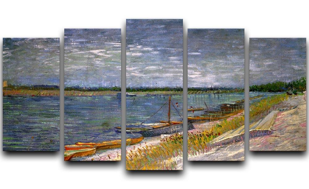 5-split canvas artwork of Van Gogh's river view with rowing boats, showcasing vibrant colors and dynamic composition.