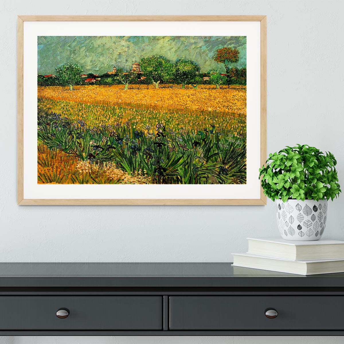 Framed print of Van Gogh's View of Arles with Irises, showcasing vibrant colors and intricate details.