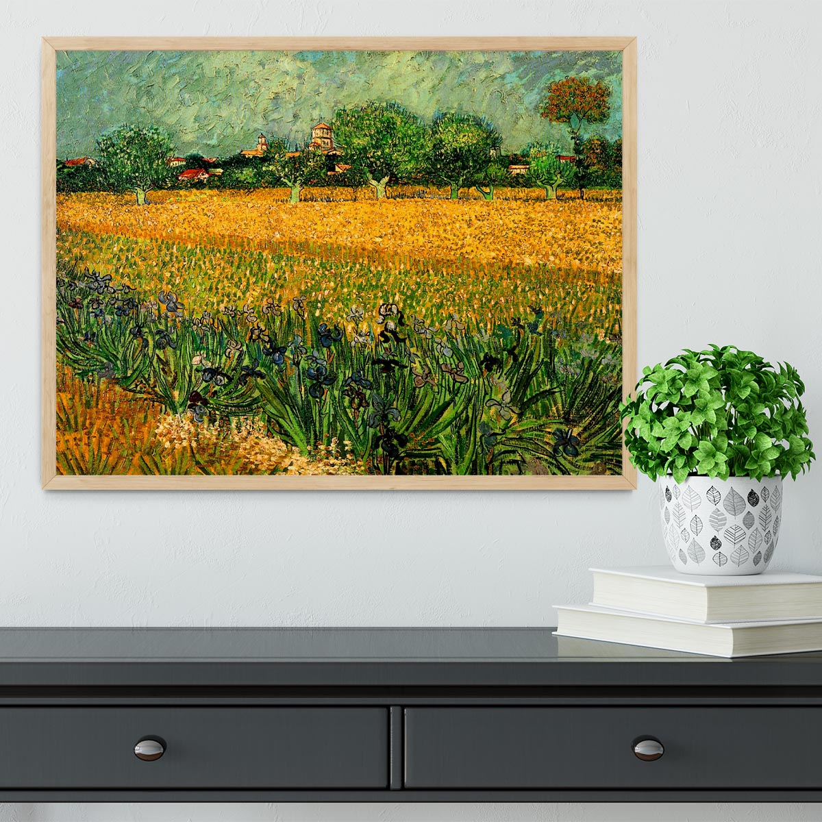 Framed print of Van Gogh's View of Arles with Irises, showcasing vibrant colors and intricate details.
