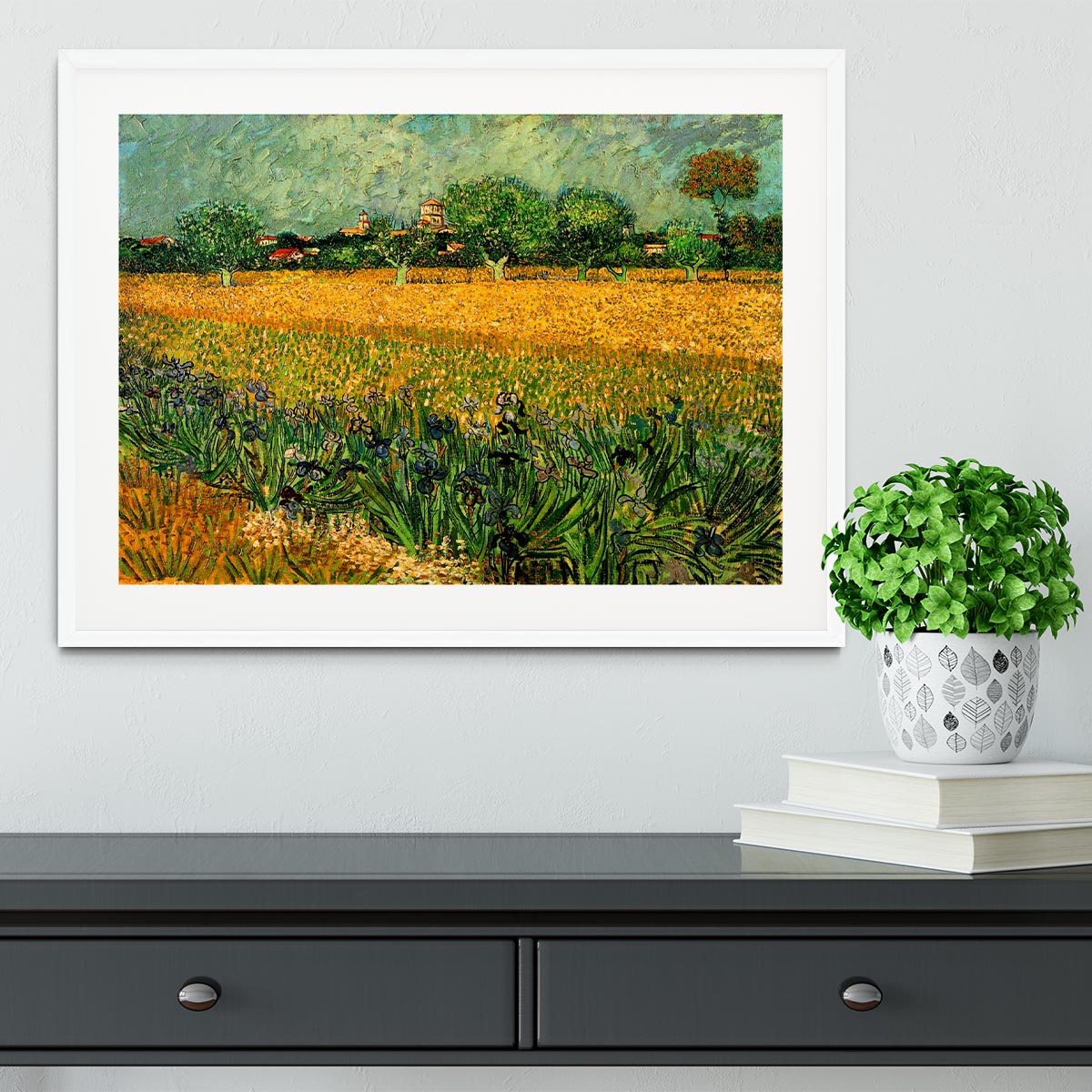 Framed print of Van Gogh's View of Arles with Irises, showcasing vibrant colors and intricate details.