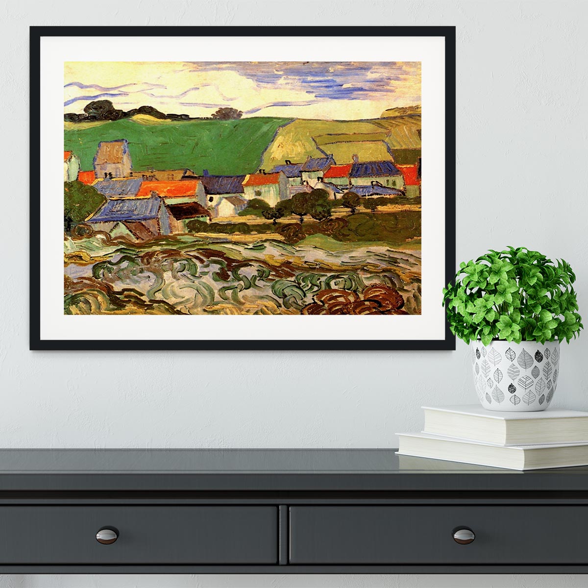 Framed print of Van Gogh's View of Auvers, showcasing vibrant colors and quality craftsmanship in a stylish frame.