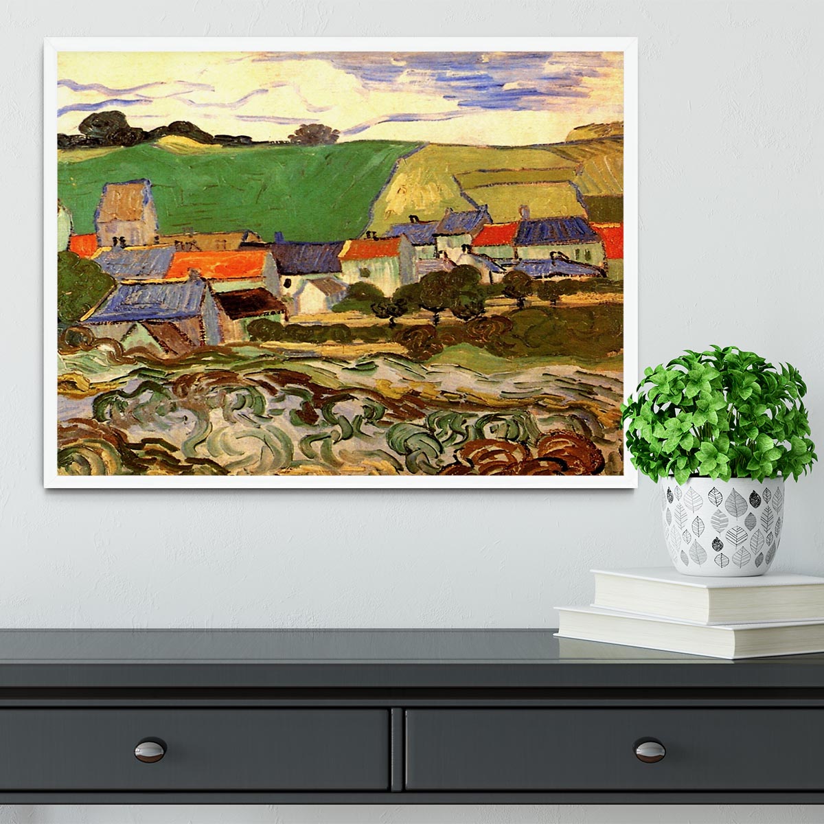 Framed print of Van Gogh's View of Auvers, showcasing vibrant colors and quality craftsmanship in a stylish frame.