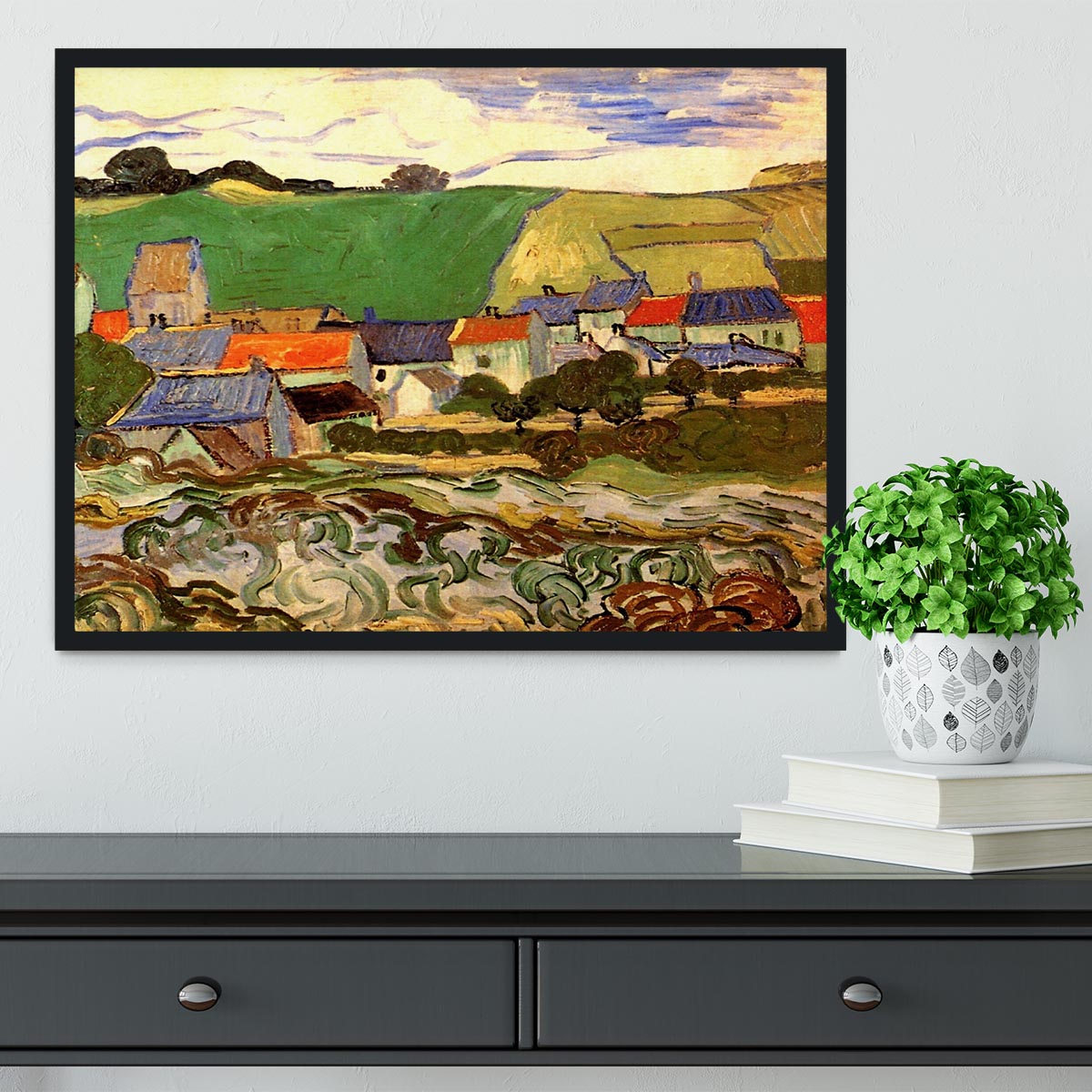 Framed print of Van Gogh's View of Auvers, showcasing vibrant colors and quality craftsmanship in a stylish frame.