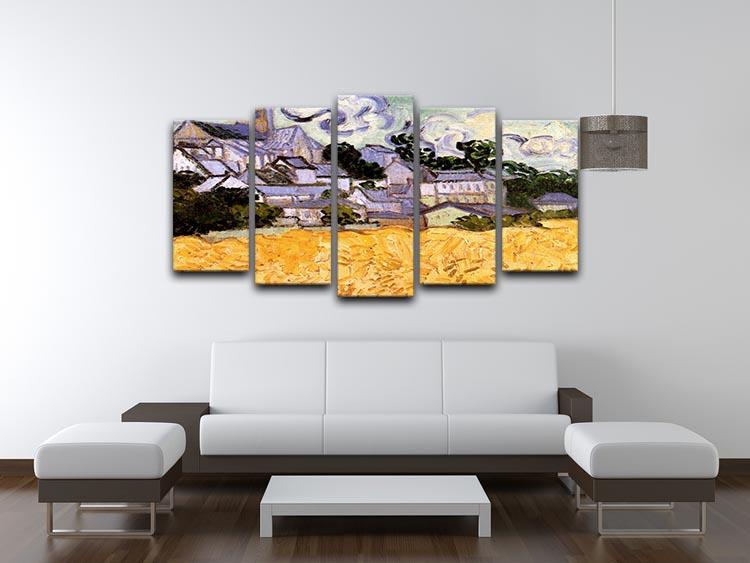 5 split panel canvas artwork featuring Van Gogh's View of Auvers with Church, showcasing vibrant colors and dynamic design.